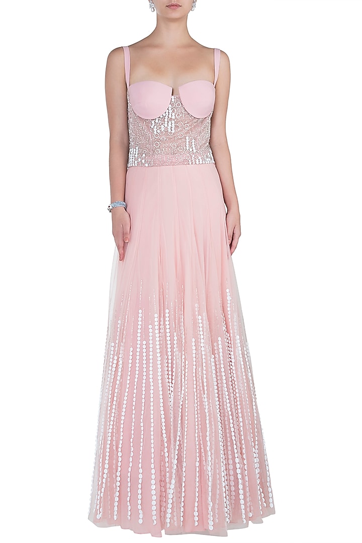 Baby pink embroidered blouse with lehenga skirt available only at Pernia's Pop Up Shop.