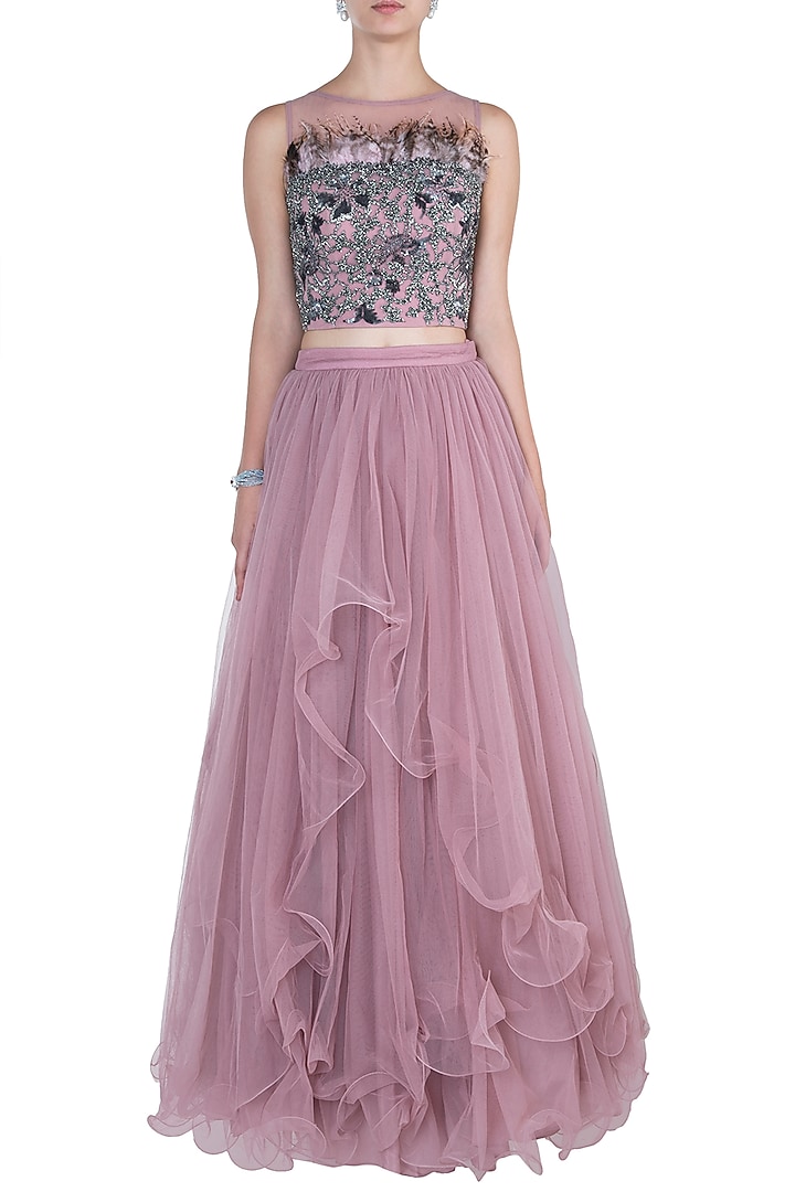 Baby pink blouse with lehenga skirt available only at Pernia's Pop Up Shop.