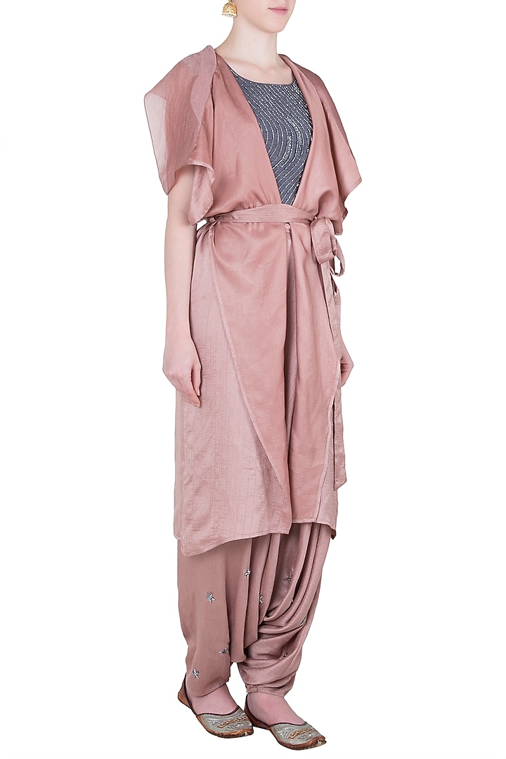 Pink embroidered tie-up jacket with dhoti pants and crop top by Babita Malkani at Pernia's Pop Up Shop