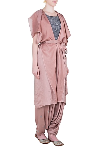 Pink embroidered tie-up jacket with dhoti pants and crop top by Babita Malkani