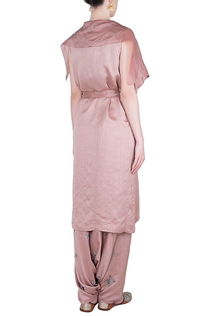 Pink embroidered tie-up jacket with dhoti pants and crop top by Babita Malkani at Pernia's Pop Up Shop