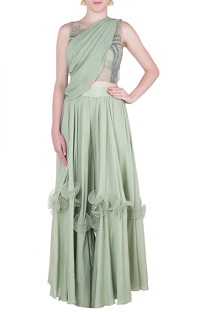 Green embroidered crop top with pants and draped sash by Babita Malkani at Pernia's Pop Up Shop