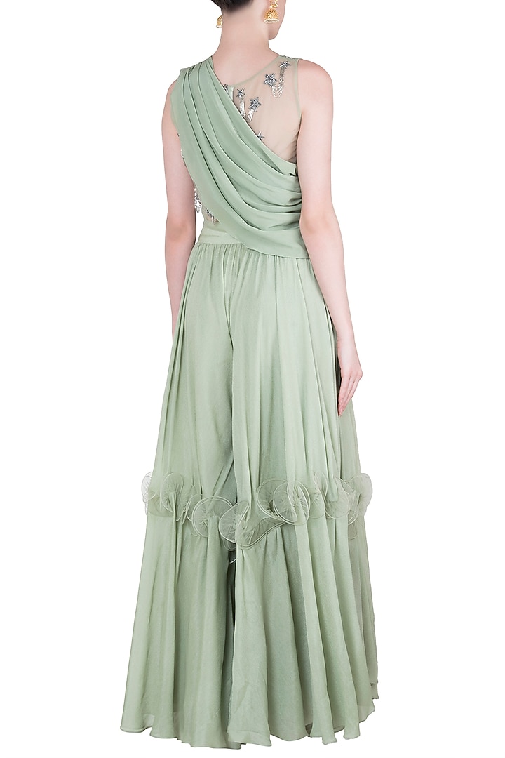 Green embroidered crop top with pants and draped sash by Babita Malkani at Pernia's Pop Up Shop