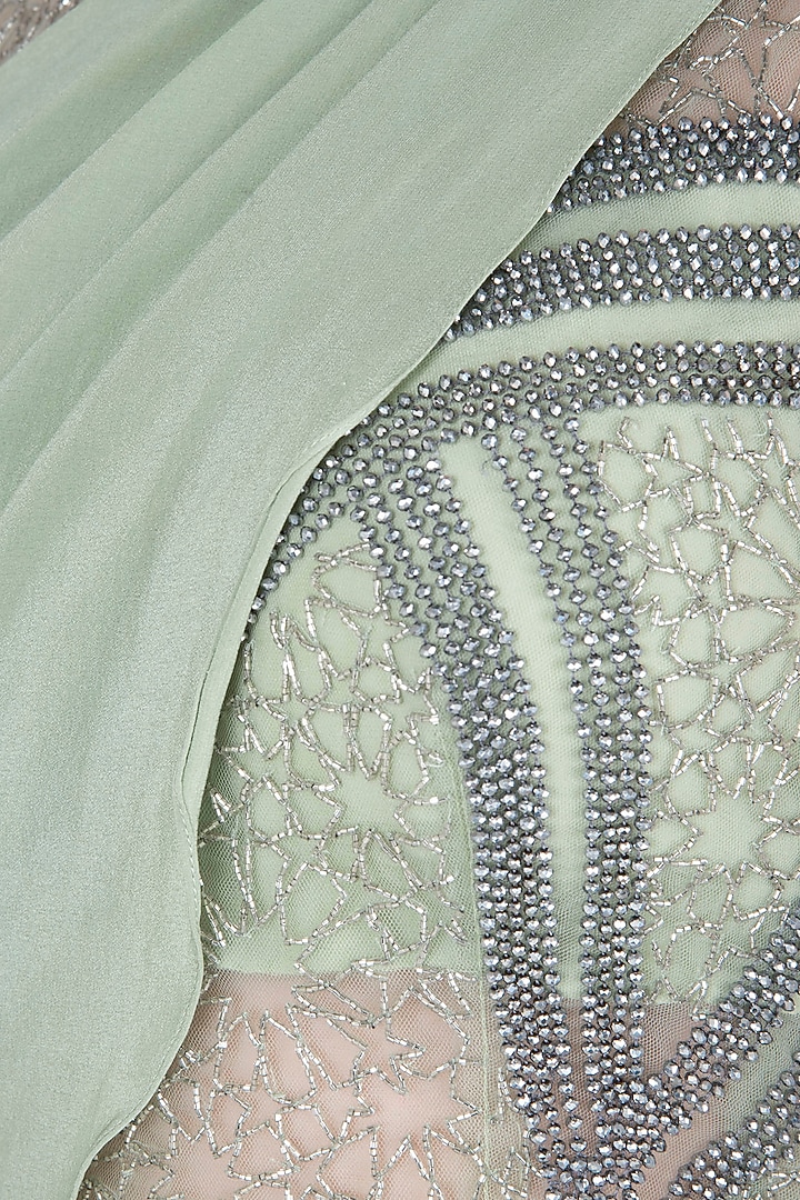Green embroidered crop top with pants and draped sash by Babita Malkani at Pernia's Pop Up Shop