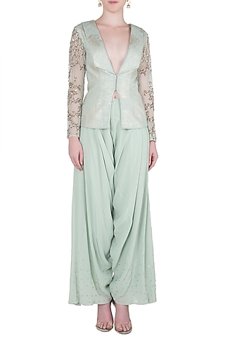 Green embroidered jacket with crotch pants by Babita Malkani