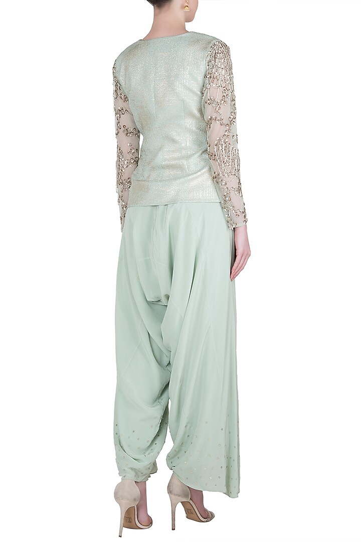 Green embroidered jacket with crotch pants by Babita Malkani at Pernia's Pop Up Shop
