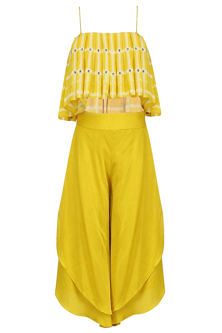 Canary Yellow Box Pleated Crop Top with Double Layered Culottes by Babita Malkani