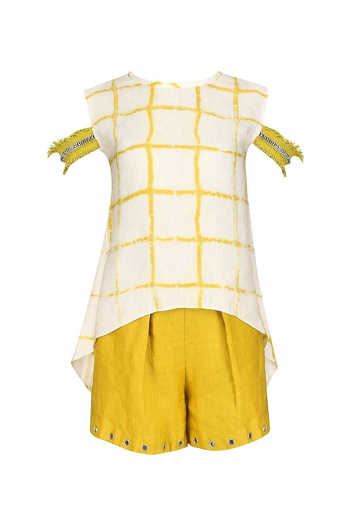 White Textured Cold Shoulder Top with Yellow High-Waisted Shorts by Babita Malkani
