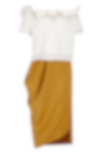 White Rivets Top with Dark Goldenrod Draped Skirt by Babita Malkani