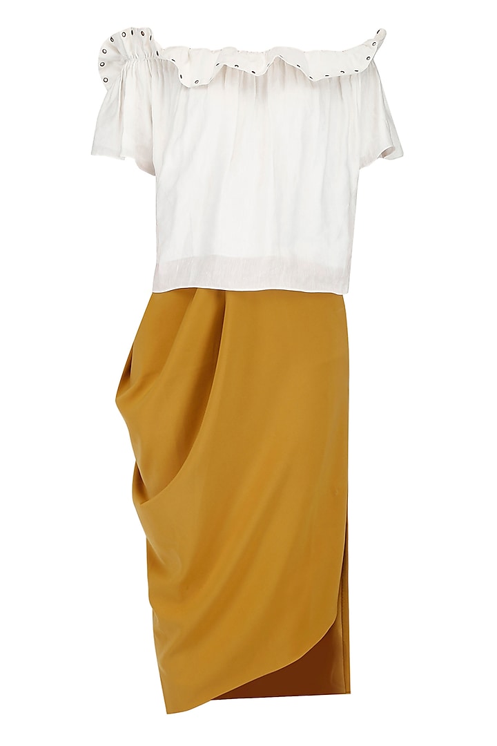 White Rivets Top with Dark Goldenrod Draped Skirt by Babita Malkani