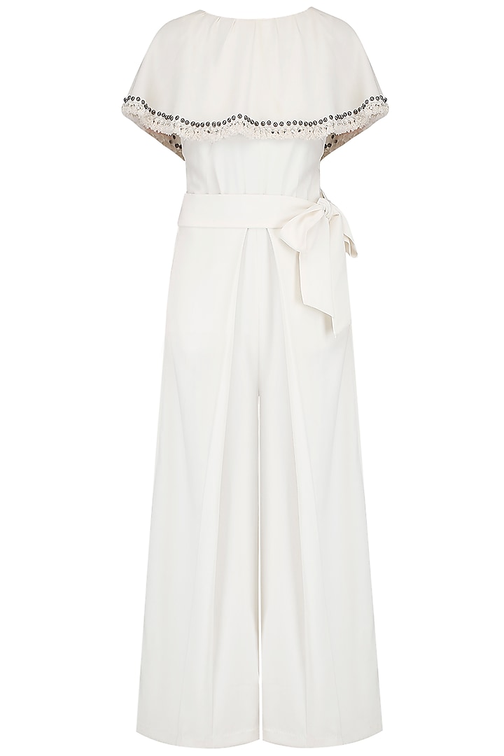 Ivory fringes and rivet embroidery cape jumpsuit available only at Pernia's Pop Up Shop.