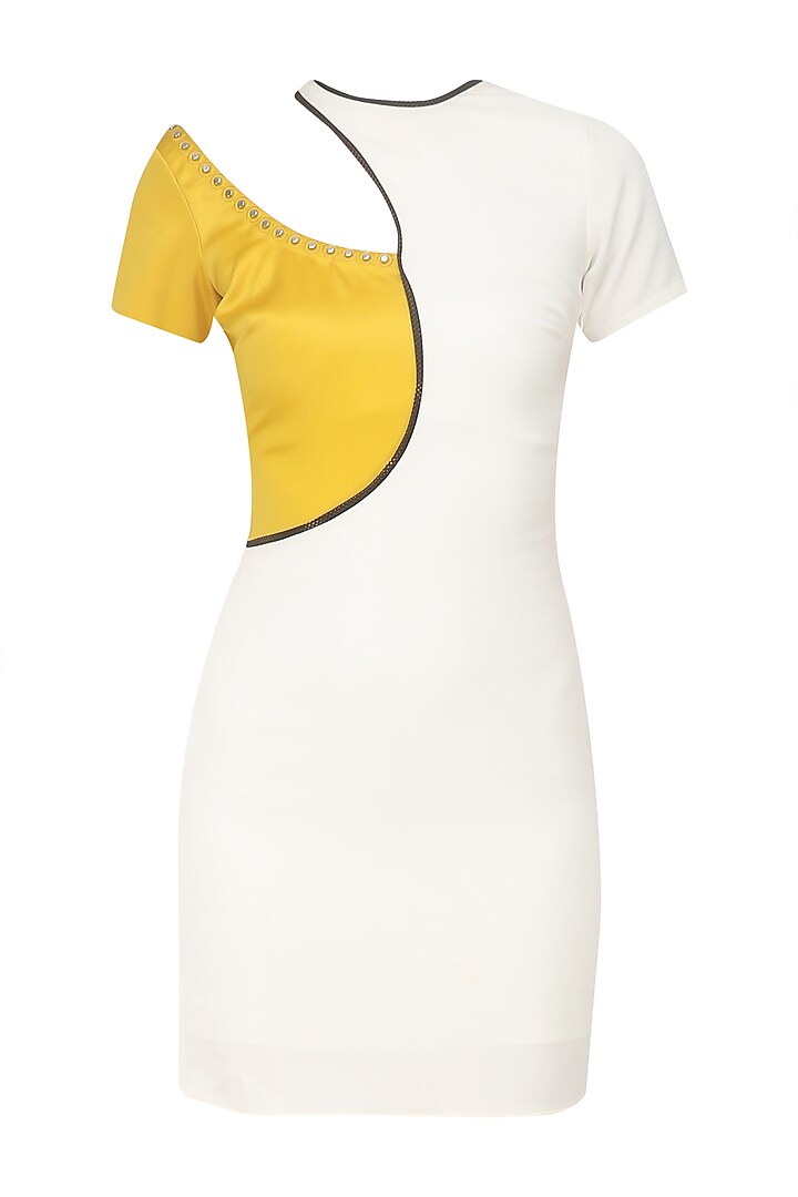 Off White and Canary Yellow Studs Fitted Dress by Babita Malkani