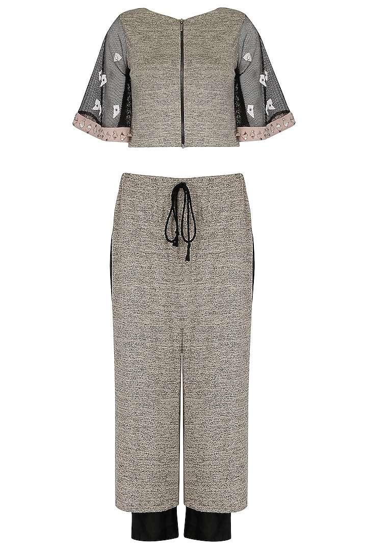 Grey mesh sleeves crop top with culottes available only at Pernia's Pop Up Shop.
