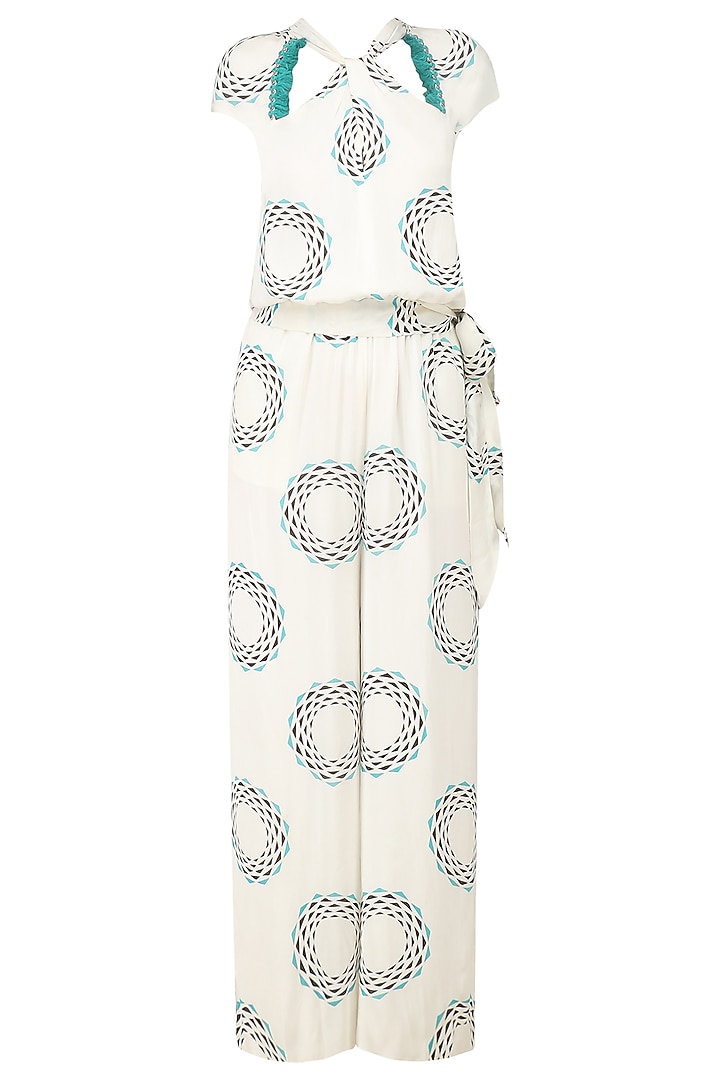 Printed fringes and silver studs jumpsuit available only at Pernia's Pop Up Shop.