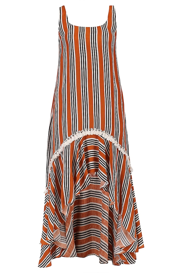 Orange and Black Stripe Printed High-Low Ruffle Dress by Babita Malkani