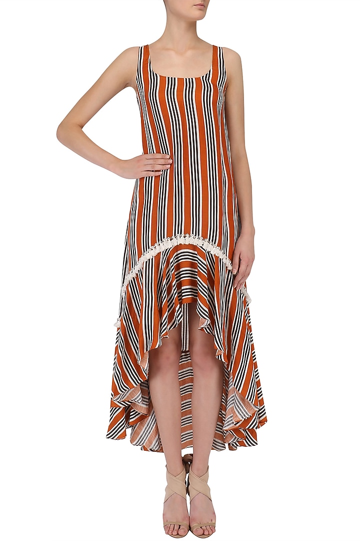 Orange and black stripe printed high-low ruffle dress available only at Pernia's Pop Up Shop.