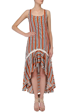 Orange and Black Stripe Printed High-Low Ruffle Dress by Babita Malkani