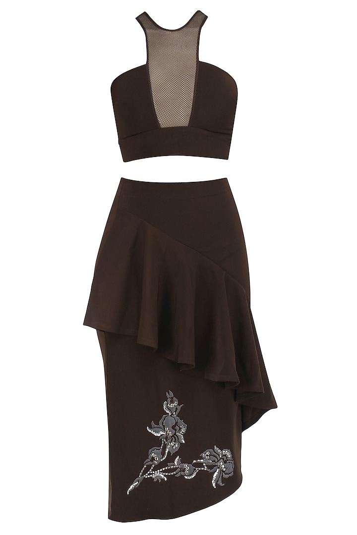 Brunette Brown Crop Top and Ruffled Skirt by Babita Malkani