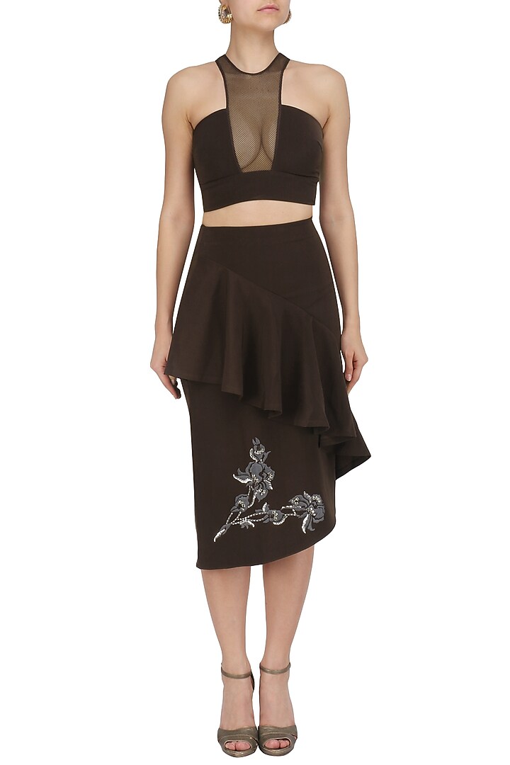Brunette brown crop top and ruffled skirt available only at Pernia's Pop Up Shop.