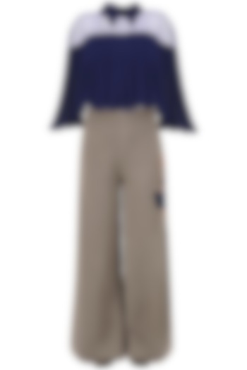 Oxford Blue Collared Pleated Top and Cowled Pants Set by Babita Malkani