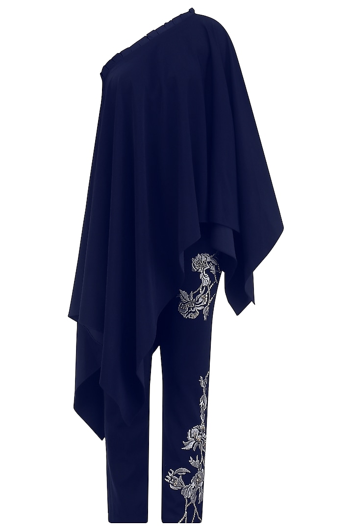 Oxford Blue Asymmetrical Top With Embroidered Pants by Babita Malkani