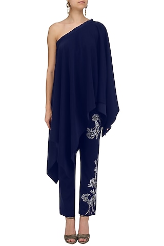 Oxford Blue Asymmetrical Top With Embroidered Pants by Babita Malkani