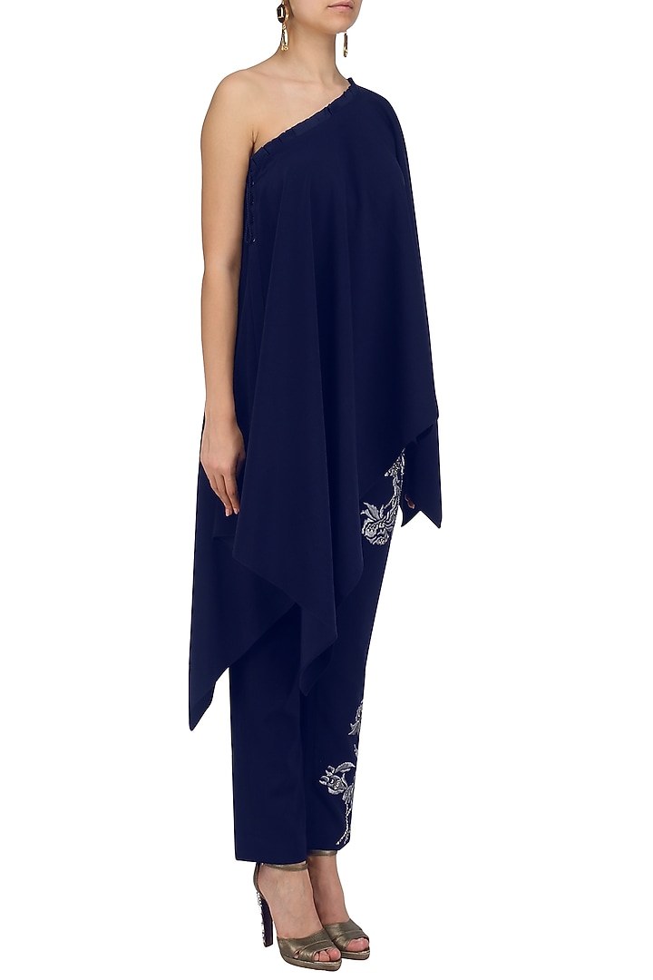 Oxford Blue asymmetrical top with embroidered pants available only at Pernia's Pop Up Shop.