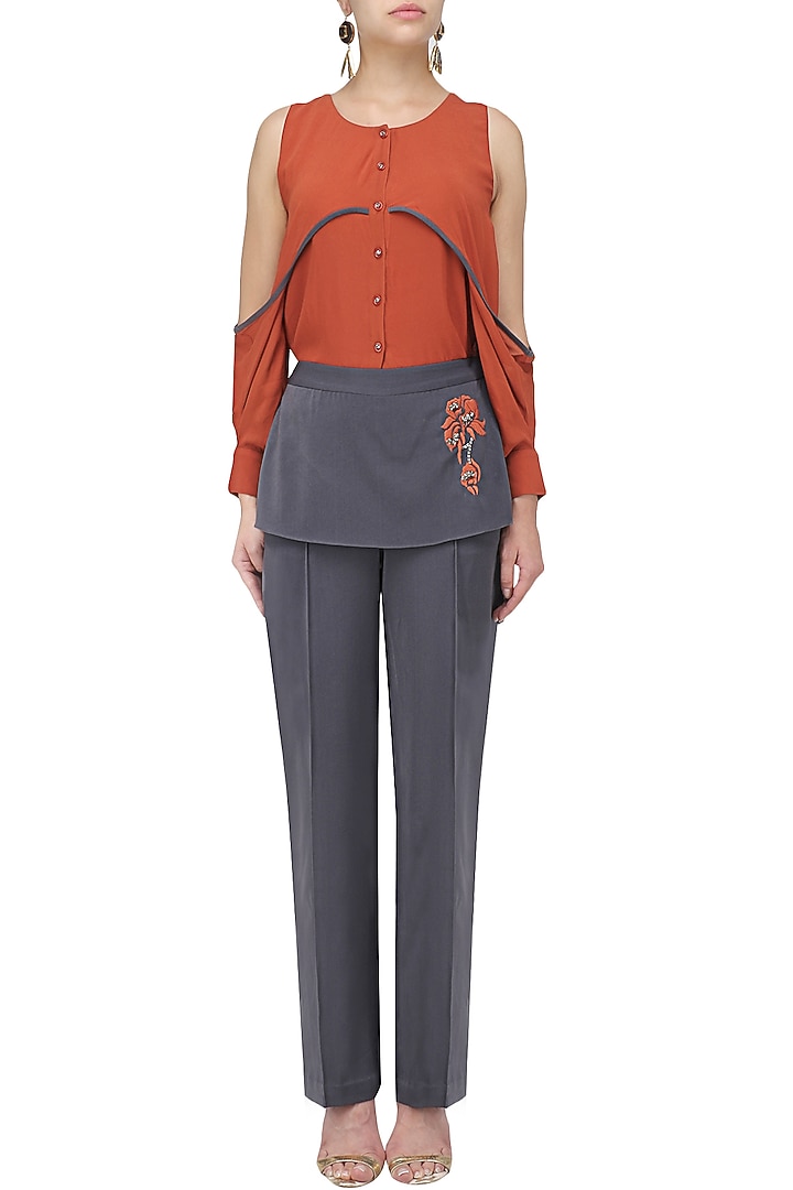 Brick red shirt and anchor grey panelled pants set available only at Pernia's Pop Up Shop.