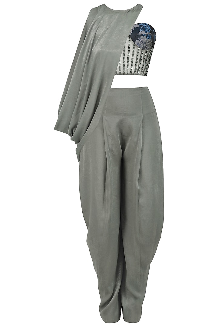 Pewter Grey Cowled Top With Corset and Draped Pants by Babita Malkani