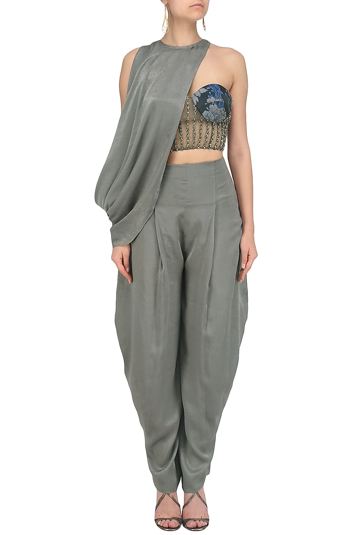 Pewter grey cowled top with corset and draped pants available only at Pernia's Pop Up Shop.