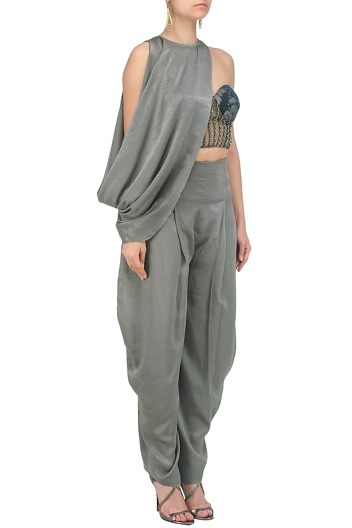 Pewter grey cowled top with corset and draped pants available only at Pernia's Pop Up Shop.