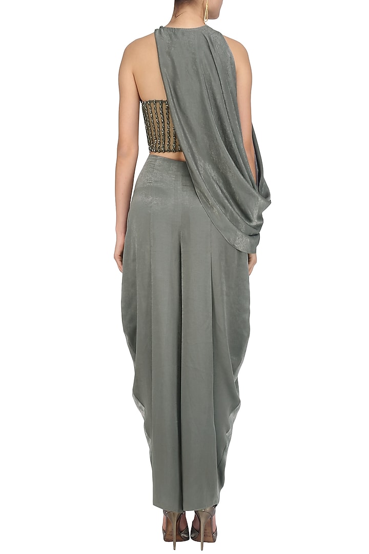 Pewter grey cowled top with corset and draped pants available only at Pernia's Pop Up Shop.