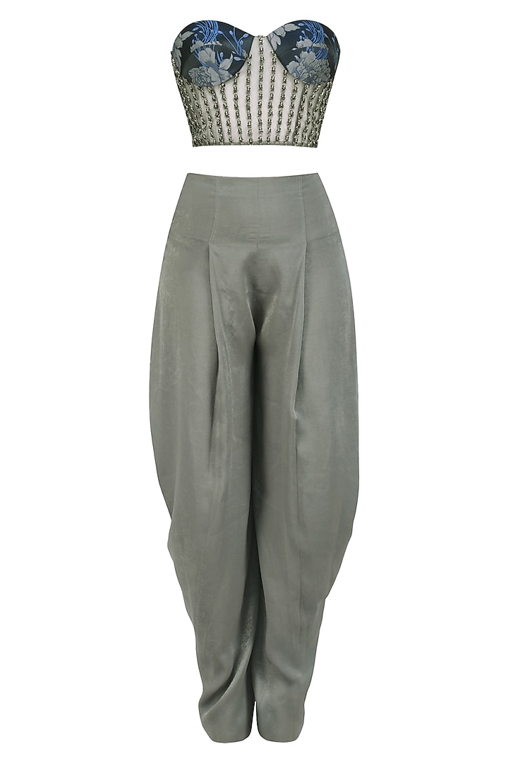 Pewter grey cowled top with corset and draped pants available only at Pernia's Pop Up Shop.