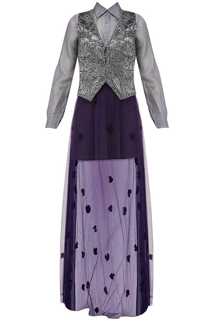 Pewter grey self textured waist coat with shirt and skirt set available only at Pernia's Pop Up Shop.