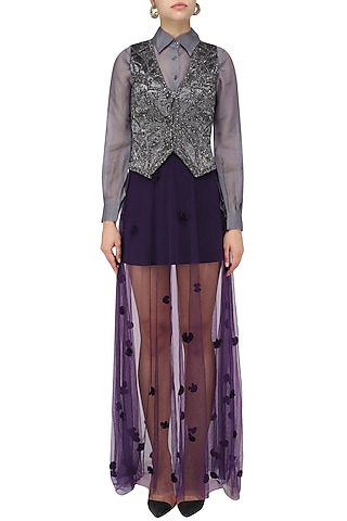 Pewter Grey Self Textured Waist Coat With Shirt and Skirt Set by Babita Malkani