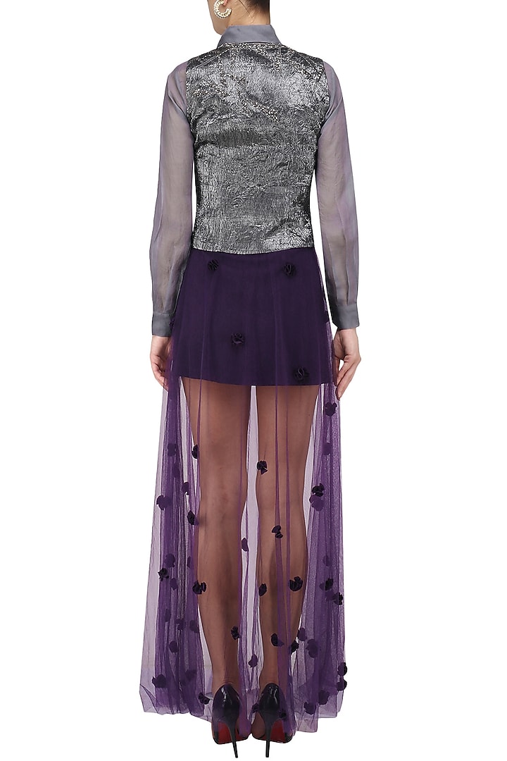 Pewter grey self textured waist coat with shirt and skirt set available only at Pernia's Pop Up Shop.