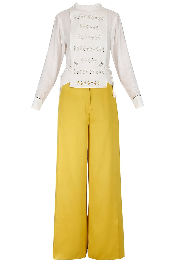 White Rivets Embroidered Top with Yellow Pants by Babita Malkani