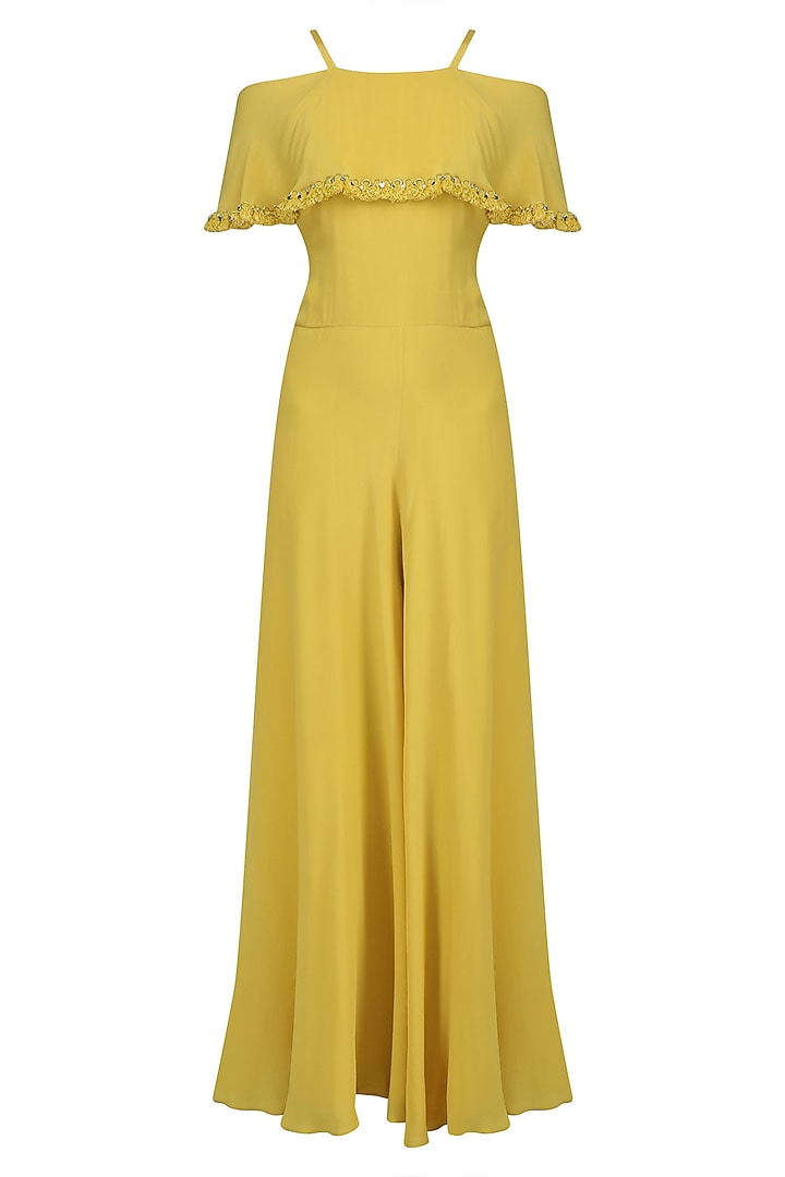 Yellow cold shoulder fringed jumpsuit available only at Pernia's Pop Up Shop.