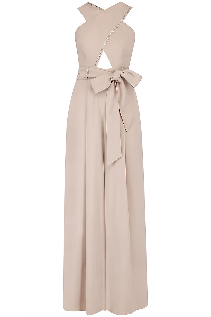 Nude crisscross rivets embroidered jumpsuit available only at Pernia's Pop Up Shop.