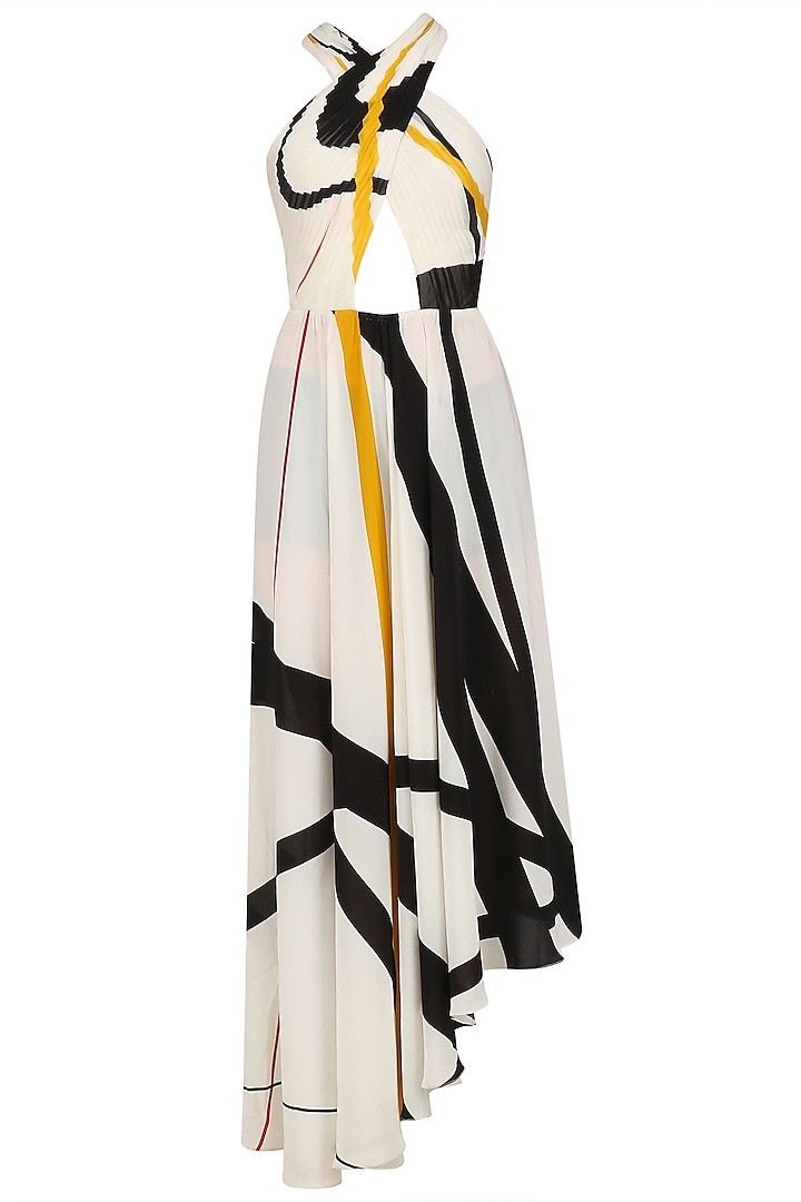 White, Black and Yellow Printed Maxi Dress by Babita Malkani