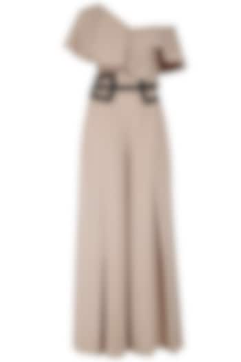 Nude and Black Leather Belted Jumpsuit by Babita Malkani