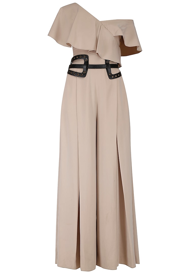 Nude and Black Leather Belted Jumpsuit by Babita Malkani