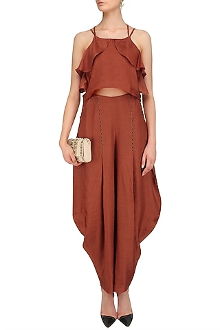 Rust Orange Crop Top and Cowl Pants Set by Babita Malkani