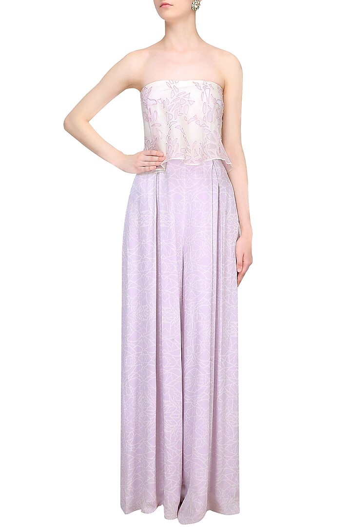 Lilac-white mosaic print pleated cut out jumpsuit with attached cape available only at Pernia's Pop Up Shop.