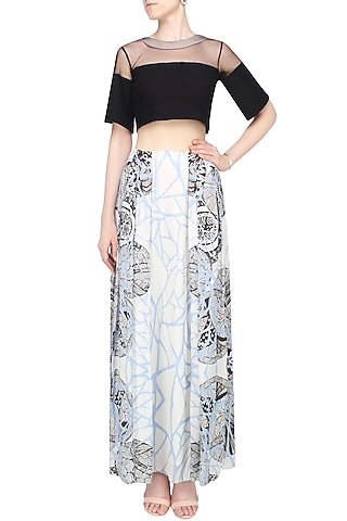 Off White Box Pleat Panelled Printed Skirt by Babita Malkani