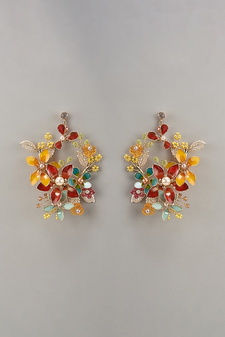 Gold Finish Multi-Colored Enameled Handcrafted Floral Hoop Earrings by THE BEAUTIFUL SECRET at Pernia's Pop Up Shop