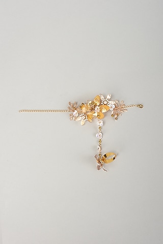 Gold Finish Pearl Enameled Handcrafted Floral Adjustable Hand Harness by THE BEAUTIFUL SECRET