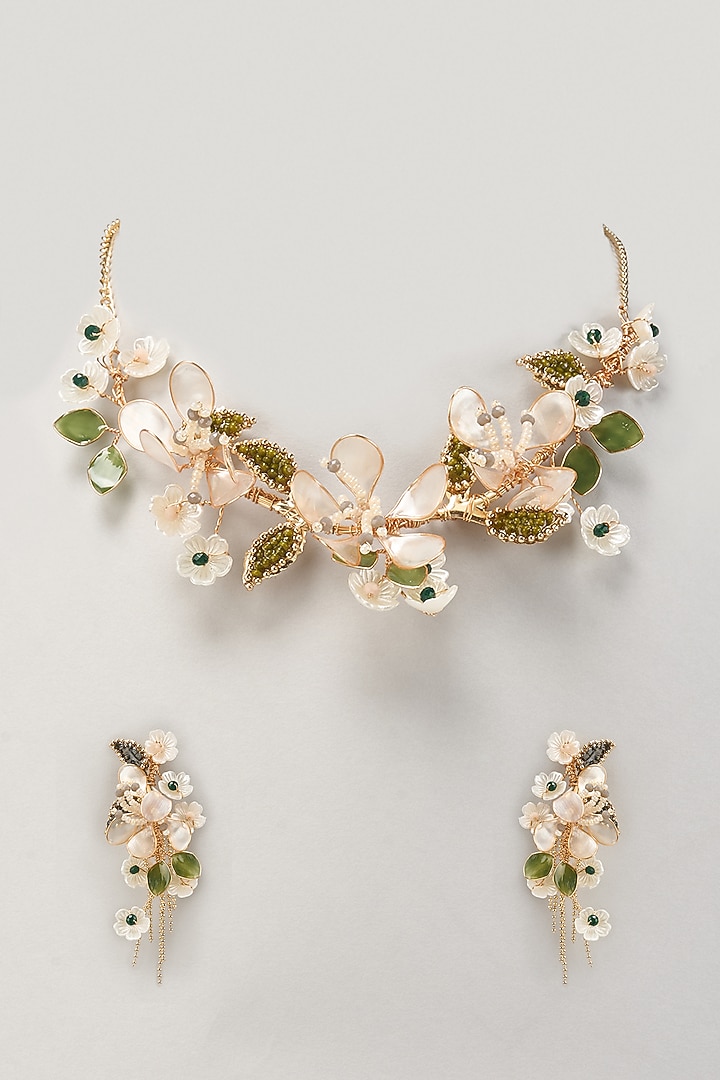 Gold Finish White Enameled Handcrafted Floral Choker Necklace Set by THE BEAUTIFUL SECRET at Pernia's Pop Up Shop