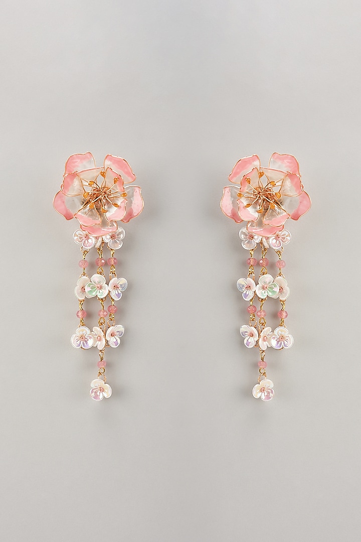 Gold Finish Pink Enameled Handcrafted Floral Dangler Earrings by THE BEAUTIFUL SECRET at Pernia's Pop Up Shop