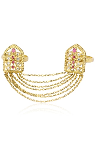 Gold Plated Old Door Motif and Leaf Sillouette Two Finger Ring by Blue Turban